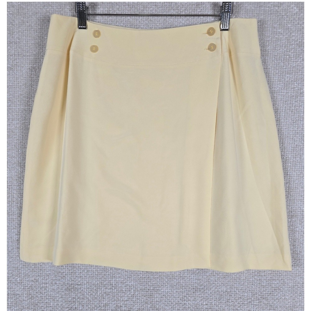 Silx 100% Silk Faux Wrap Skirt Size 14 Pale Yellow Button Accent Nautical Career